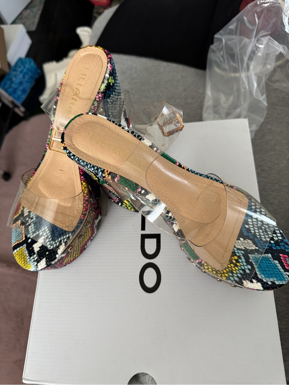 Liliana Multicolor Snake-Print Platform Heels with Clear Straps
